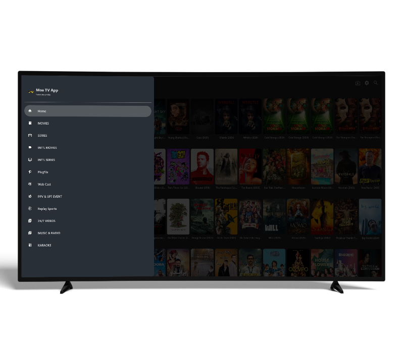 ChannelMoa IPTV app interface on smart TV with live TV, movies, and series